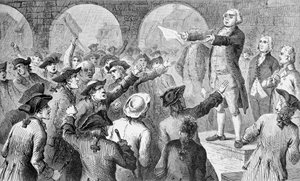 John Lamb Speaking at the Sons of Liberty Meeting at New York City Hall Concerning the Landing of British Tea in New York, December 17th 1773, engraved by John Karst by American School